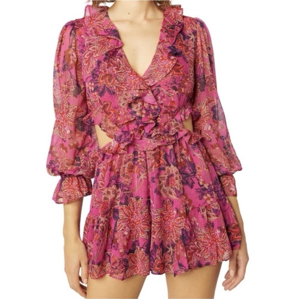 Misa Los Angeles‎ Azalea Romper in Fuchsia size L Floral Chiffon Ruffles